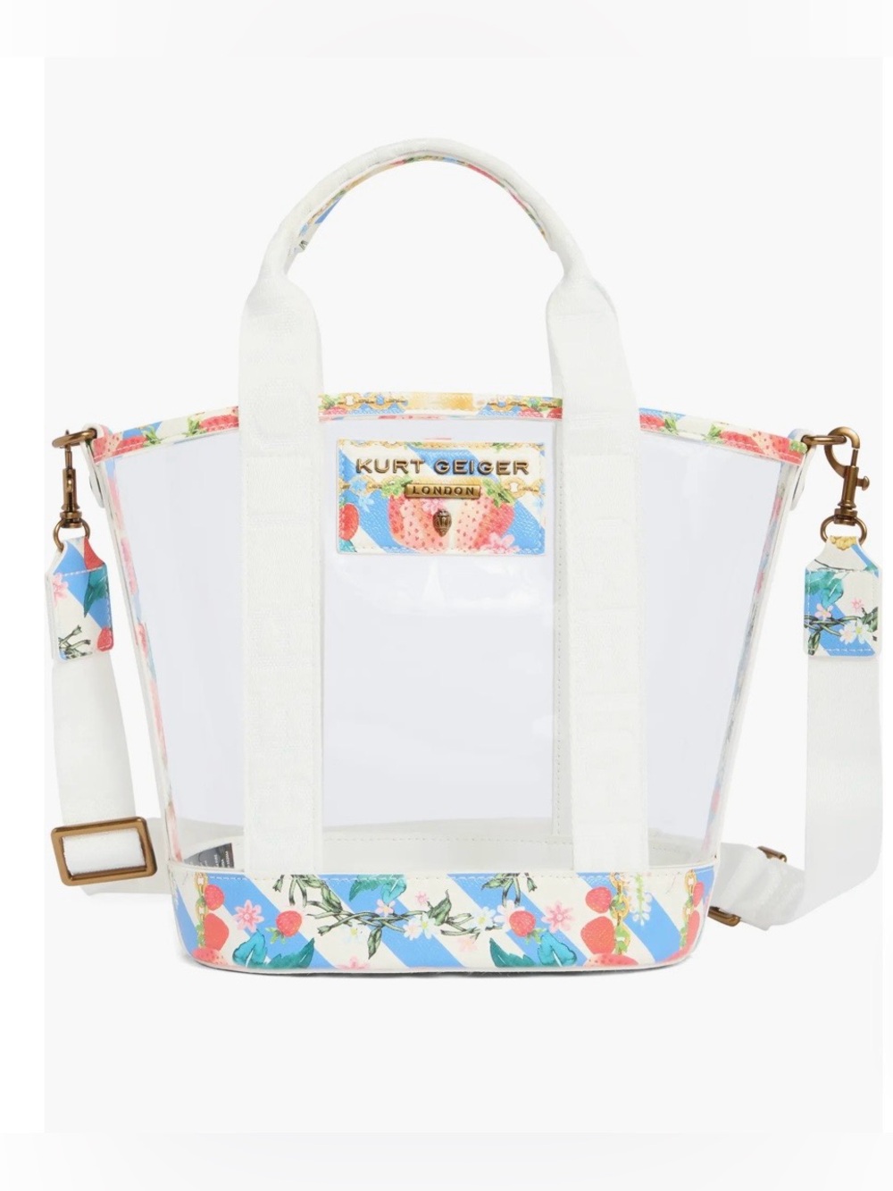 Kurt Geiger Hempstead Vinyl Clear White Tote with Strawberry & Blue Floral Trim